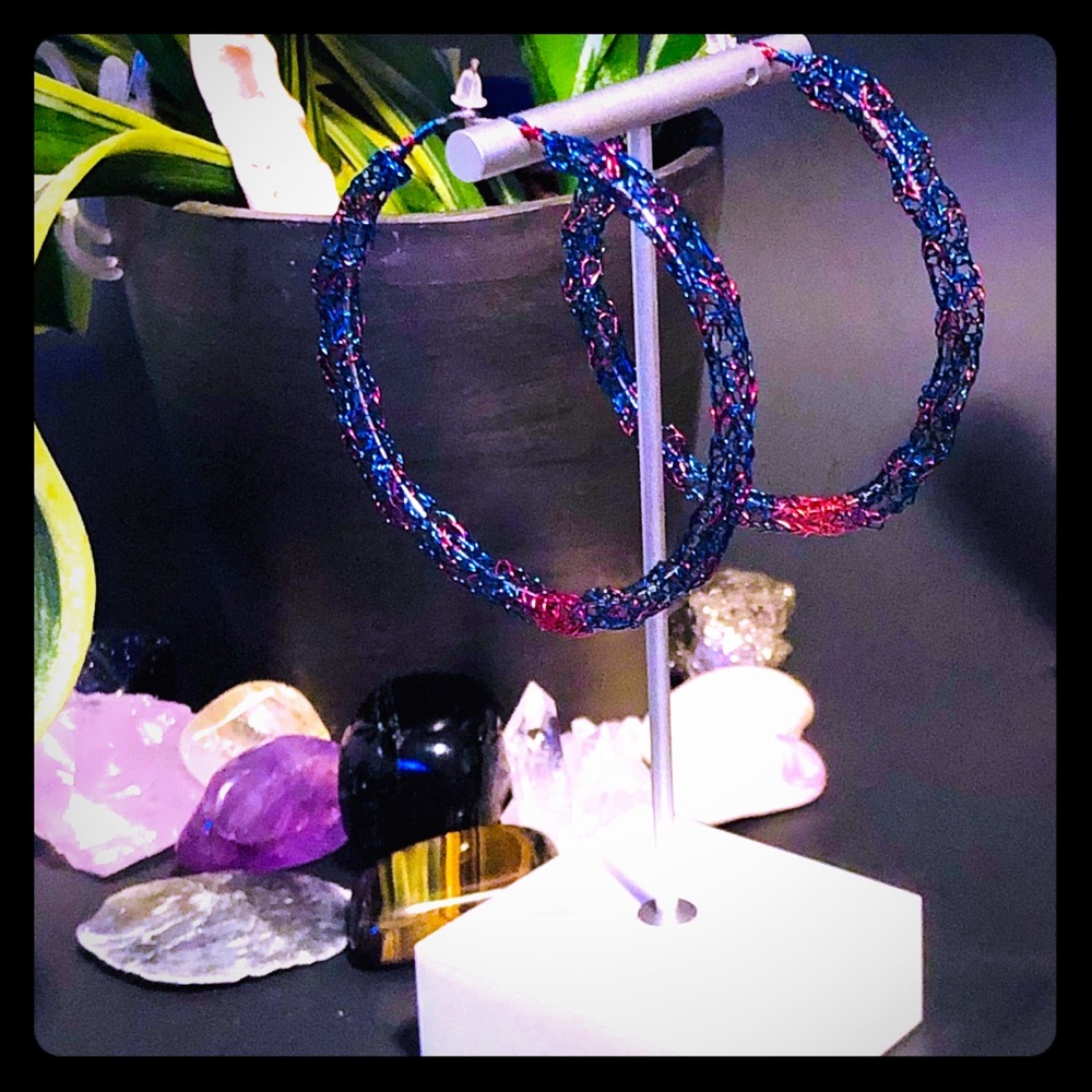 2.5” Handmade Navy & Red Wire Crocheted Earrings
